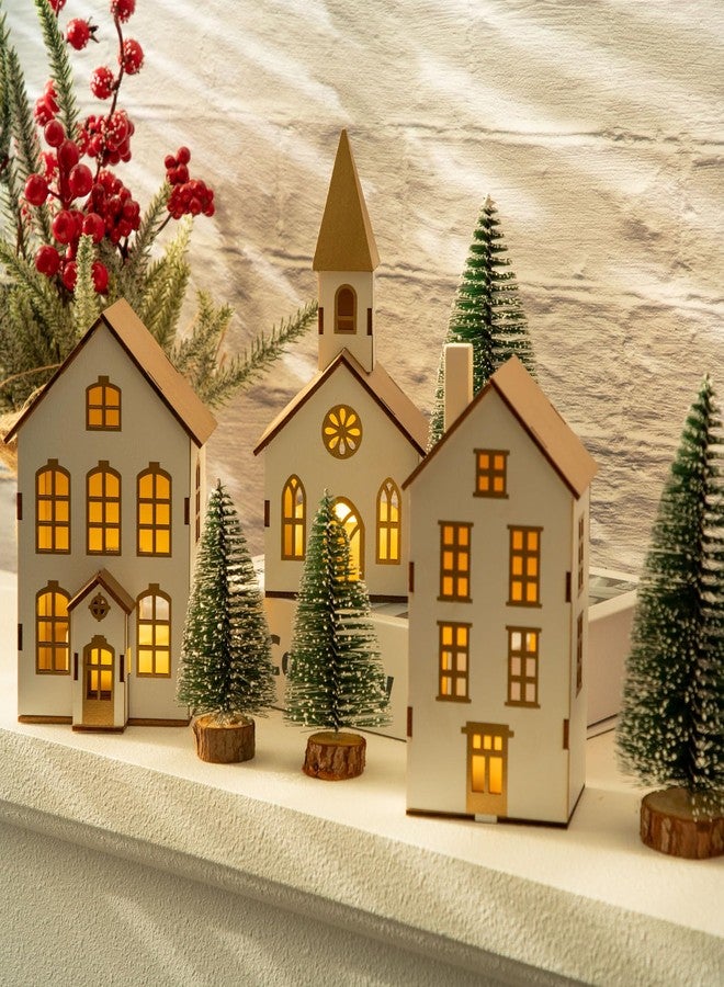 BEARAE Christmas Village Houses, 7PCS, Christmas Village Accessories, Christmas Village Sets Collection, Including 3 Led Lighted Houses and 4 Frosted Trees for Tabletop Mantel Décor - Image 4